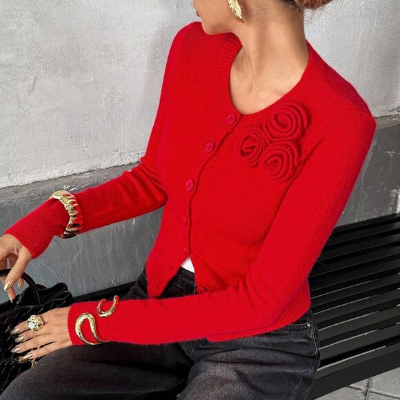 Red Casual Women's Elegant Floral Decor Button-Up Cardigan - Picture 6 of 6